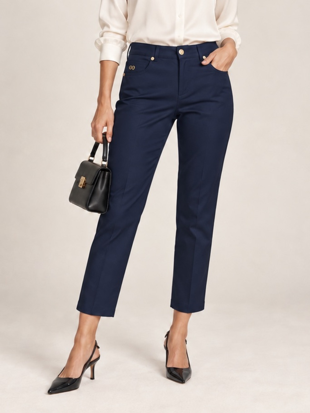 Escada Dark Navy Cropped Stretch Pants Gold Hardware EU 34 US 4 (approx)